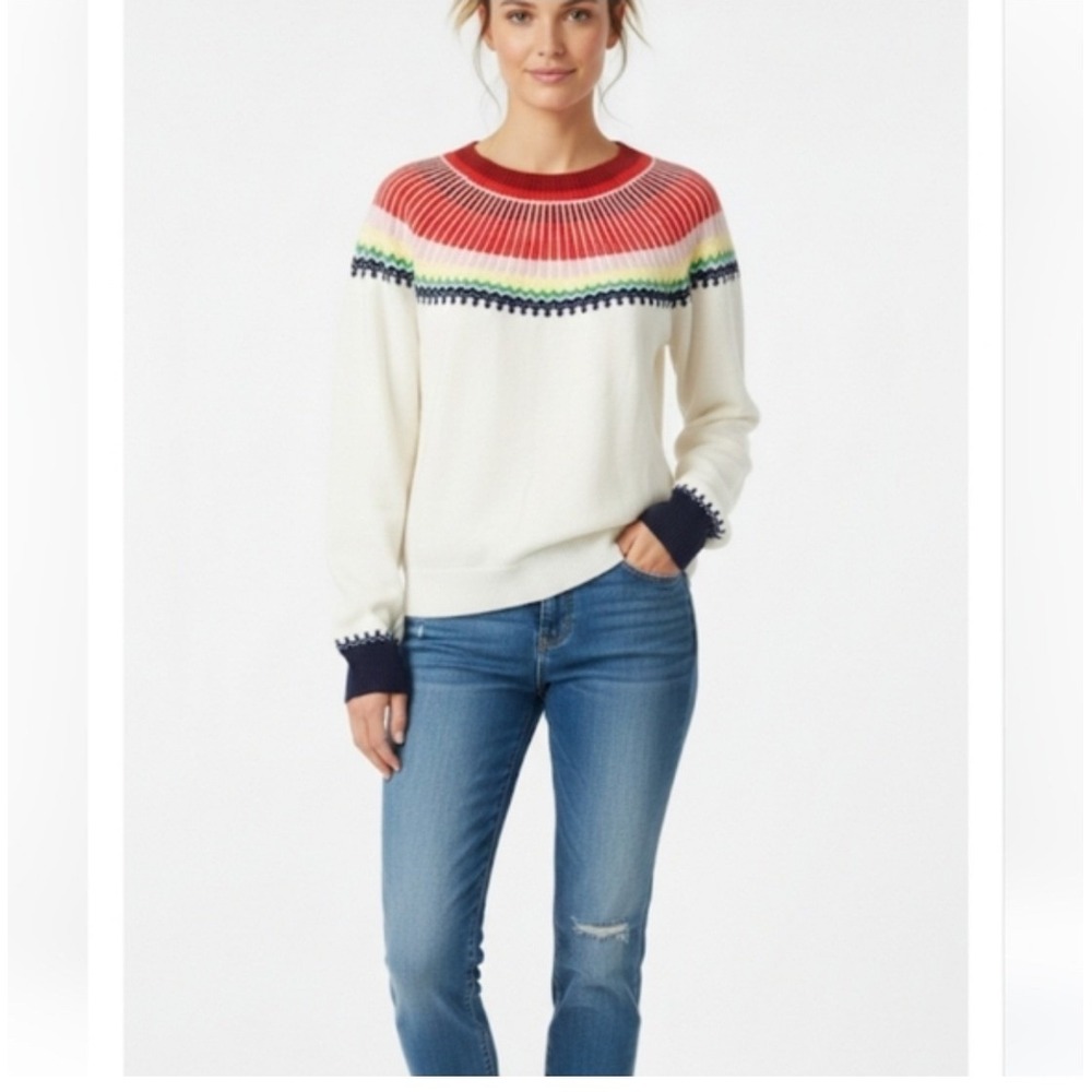 Pomander Place Womens XS Fair Isle Crewneck Sweater Ivory Rainbow Multi Color